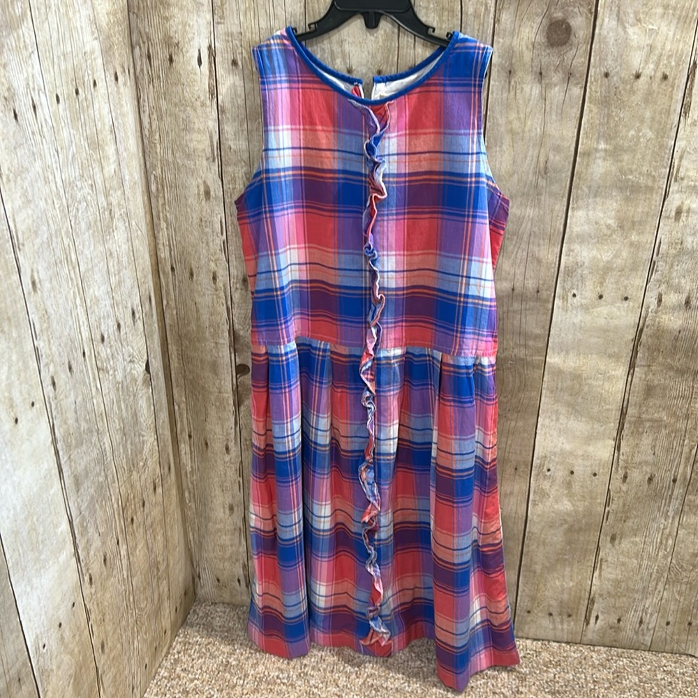 Lands End Kids madras plaid lined Cotton Plaid ruffled dress sz 10